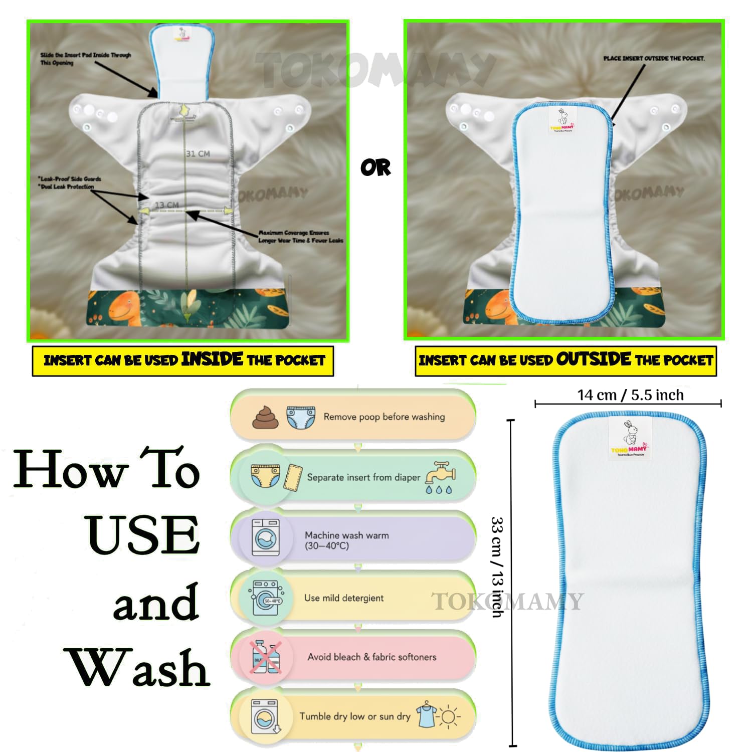 tokomamy reusable cloth diaper for newborn babies 0–3 years (5–18kg) | leakproof washable adjustable pocket cover liner with 5 layer insert pad | rash free, (pack of 5 diaper + 5 insert pad) free size tokomamy reusable cloth diaper for newborn babies 0–3 years (5–18kg) | leakproof washable adjustable pocket cover liner with 5 layer insert pad | rash free, (pack of 5 diaper + 5 insert pad) free size