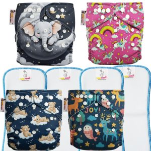 tokomamy reusable cloth diaper for newborn babies 0–3 years (5–18kg) | leakproof washable adjustable pocket cover liner with 5 layer insert pad | rash free, (pack of 4 diaper + 4 insert pad) free size