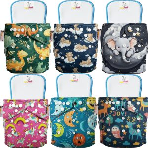 tokomamy leak proof reusable printed cloth diapers for babies | adjustable washable diapers + high absorbent 5 layer inserts | rash free, eco friendly, 4–18 kg size | newborn to toddler (pack of 6 diaper + 6 insert pad) free size